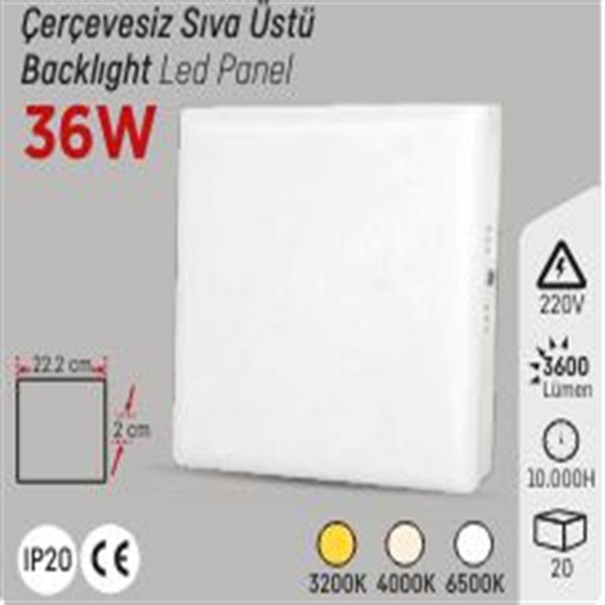 40W SIVA ÜSTÜ BACKLIGHT KARE PANEL BEYAZ 1